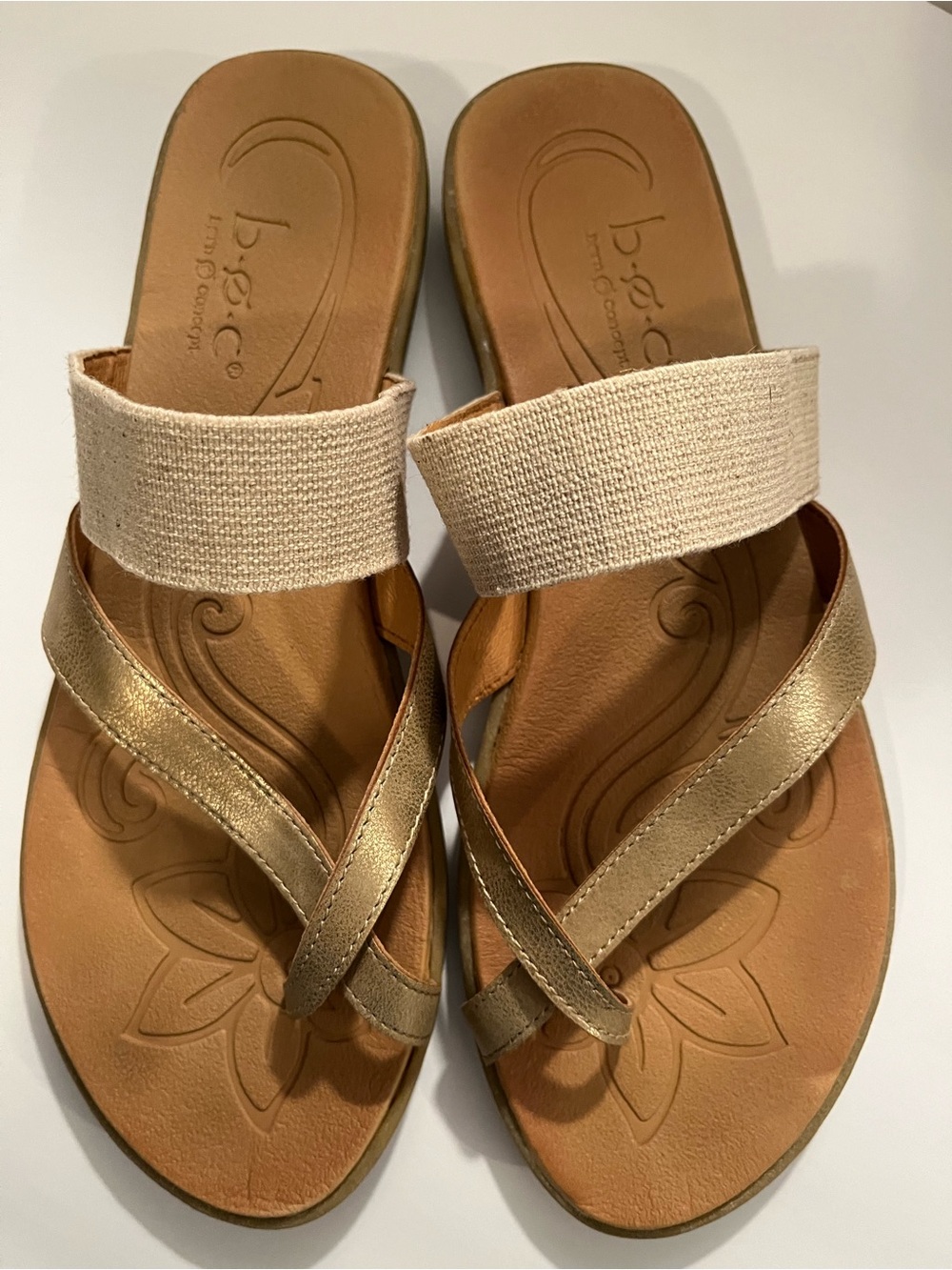 b.o.c. Metallic Gold and Linen Cross-Strap Slide Sandals